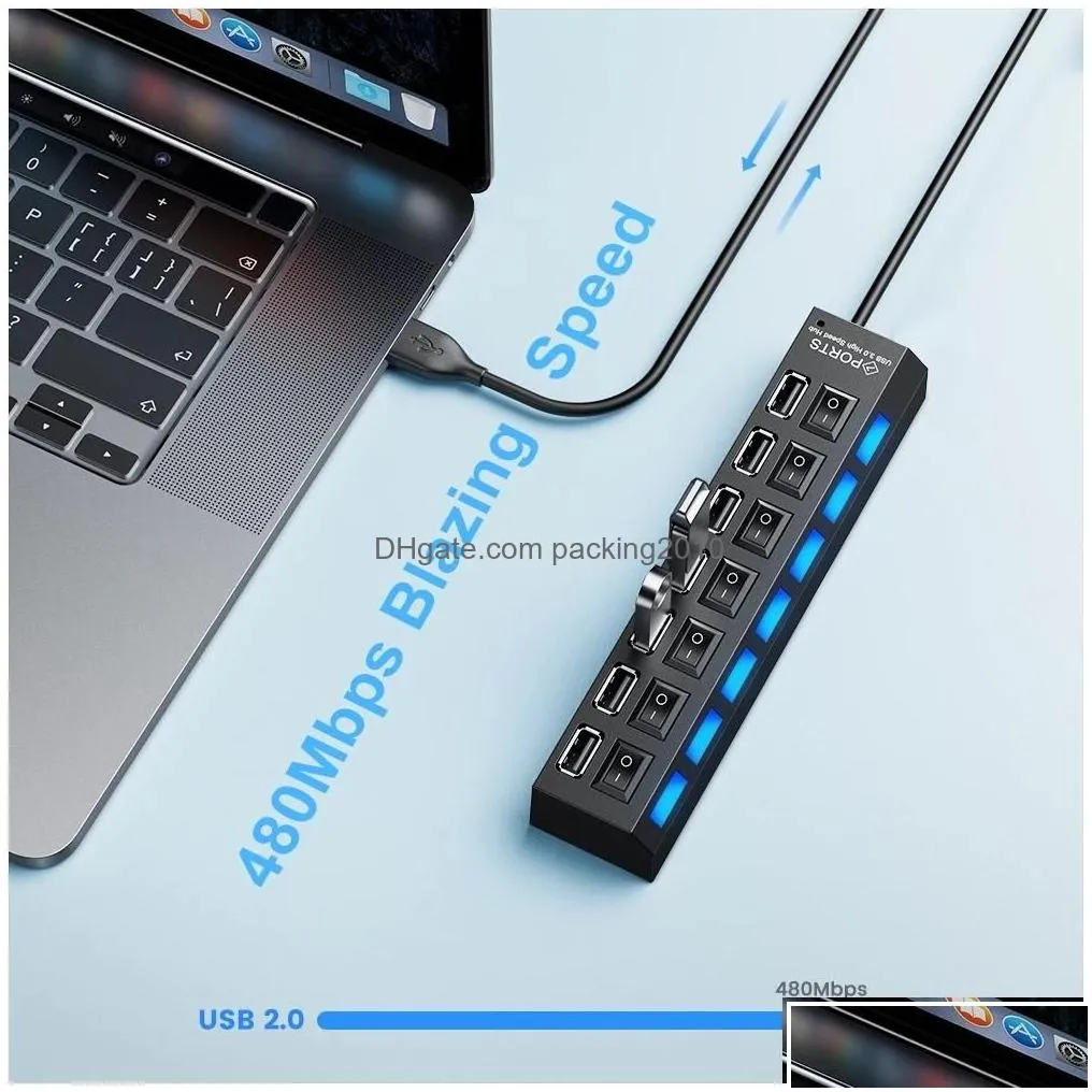 Usb Hubs Hub 2.0 Splitter Mti Several 4/7 Ports Power Adapter With Switch Laptop Accessories For Pc Drop Delivery Computers Networkin Dhq3F