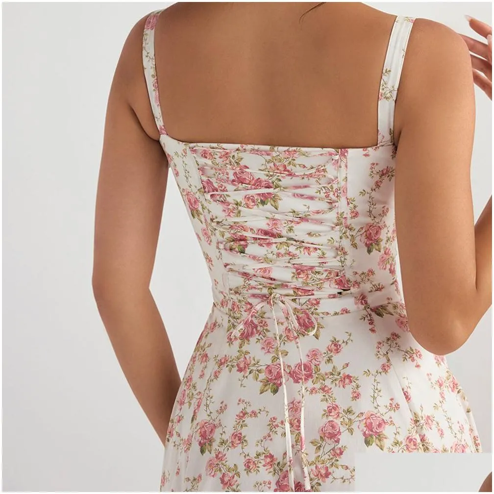 Casual Dresses Corset dress Split skirt Bow tie Chest frill details Print Floral Midi Dresses Back Lace Up Robe Clothing Women`s Summer Long