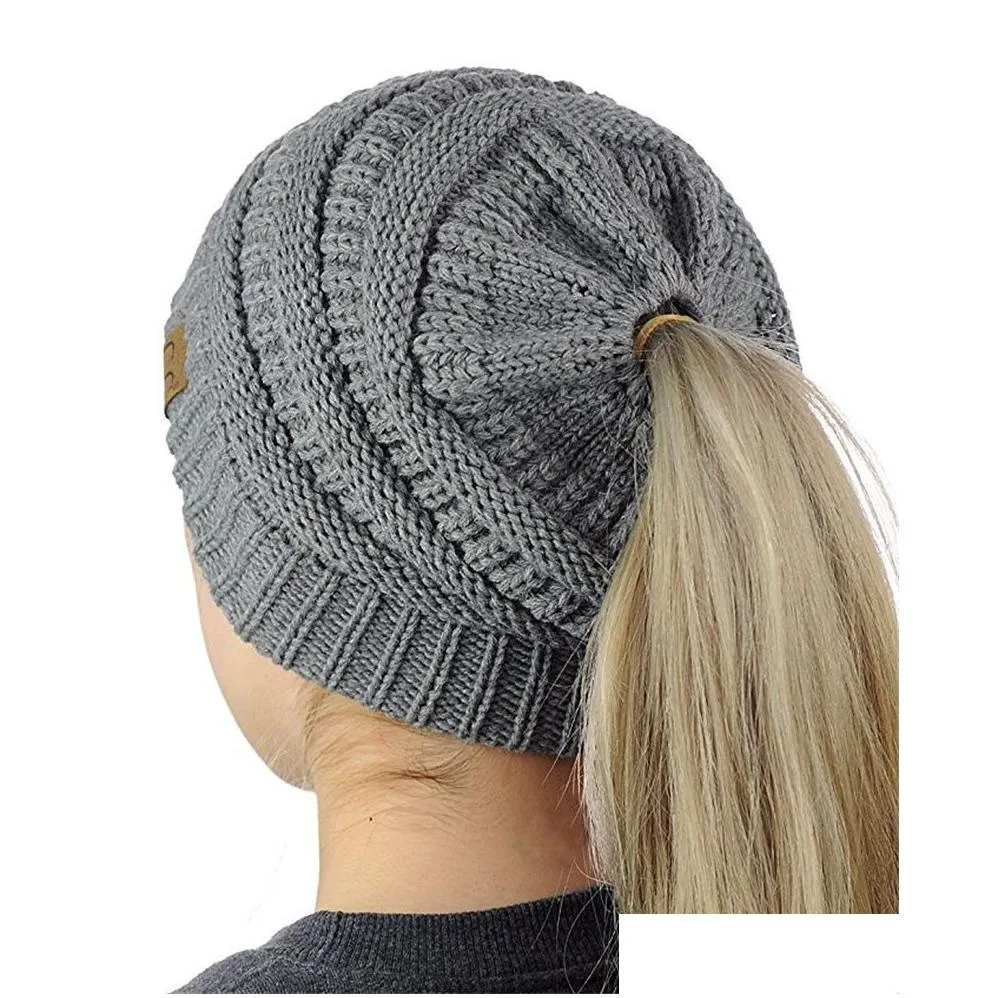 CC Ponytail Beanie Hat Hair Accessories 15 Colors Women Crochet Knit Cap Winter Skullies Beanies Warm Caps Female Knitted Stylish Hats