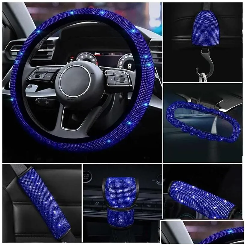 steering wheel covers sparkle bling rhinestone er center console cushion headrest pillows car interior protection case set drop delive