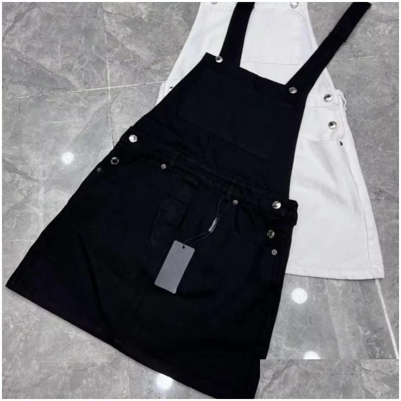 Fashion Designer Overalls Women`s Summer White Black Denim Clothings Casual Style for Vocations 26644