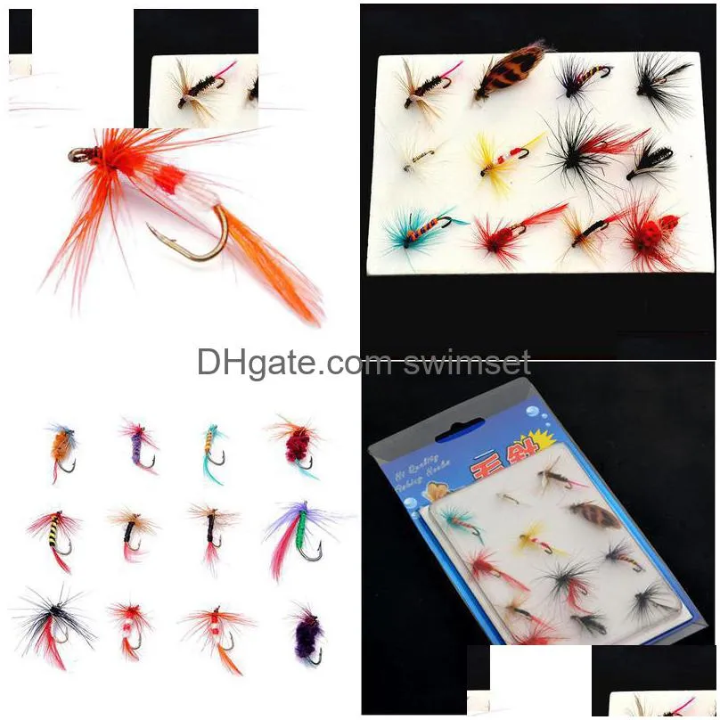 12 Pieces /Set Nymph Fly Trout Fishing Baits Lure Set Insect Style Artificial Bait With Feather Single Hook Drop Delivery Dhj3H