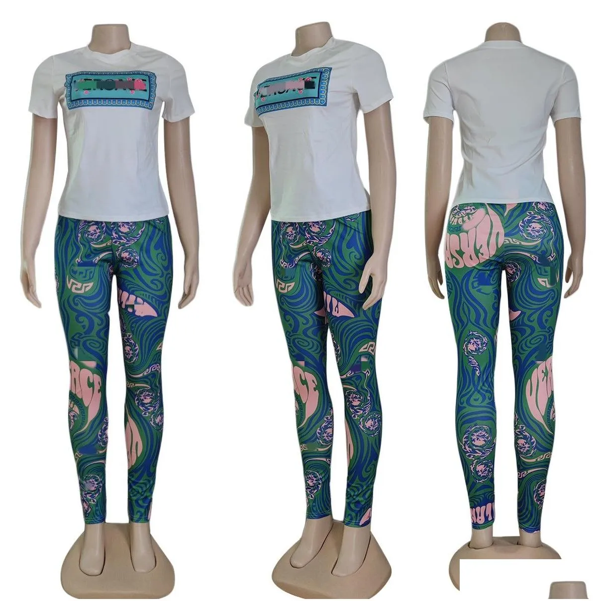 Womens Two Piece Pants Summer Outfits Casual Print Crew Neck T-shirt and Legging Sets Free Ship