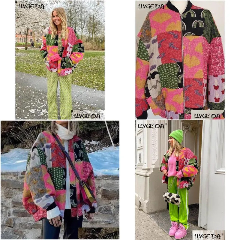 Women`S Jackets Womens Fashion Print Colorf Jacket Women Autumn Winter Long Sleeve Coat Female Vintage Loose Work Zipper Lady Outerwea Dhkz0
