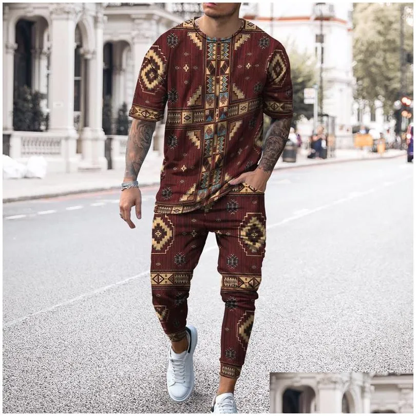 Men`S Tracksuits Mens Tracksuit Vintage 3D Printed Shortsleeved Tshirt Trousers Casual Breathable Harajuku Jogger Sportswear 2 Piece Dhftd