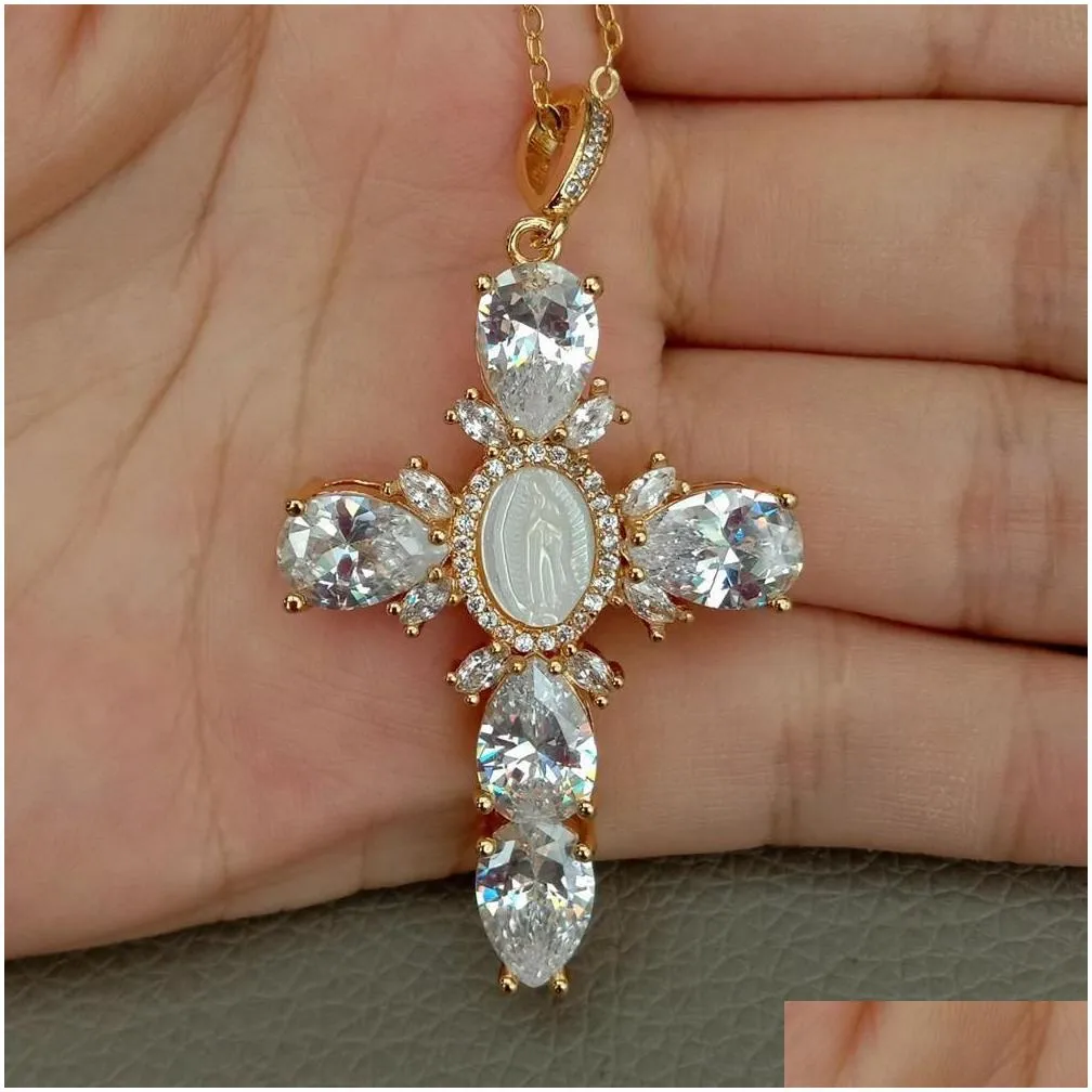 Charms 17.5Shell Pearl Cubic Zirconia Micro Pave Necklace Virgin Mary Cross Pendant Necklacerelius Style For Women Girl 230613 Drop D Dhofa