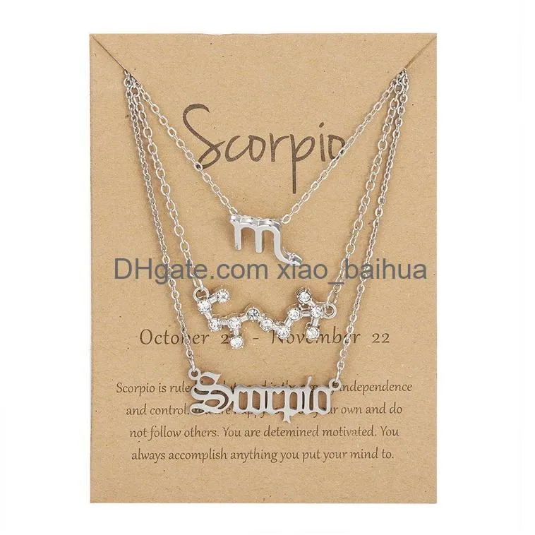 Pendant Necklaces 3Pcs/Set 12 Constellation Zodiac Sign Necklace Horoscope Zircon Jewelry Galaxy Libra Astrology Gift With Retail Drop Otk5D