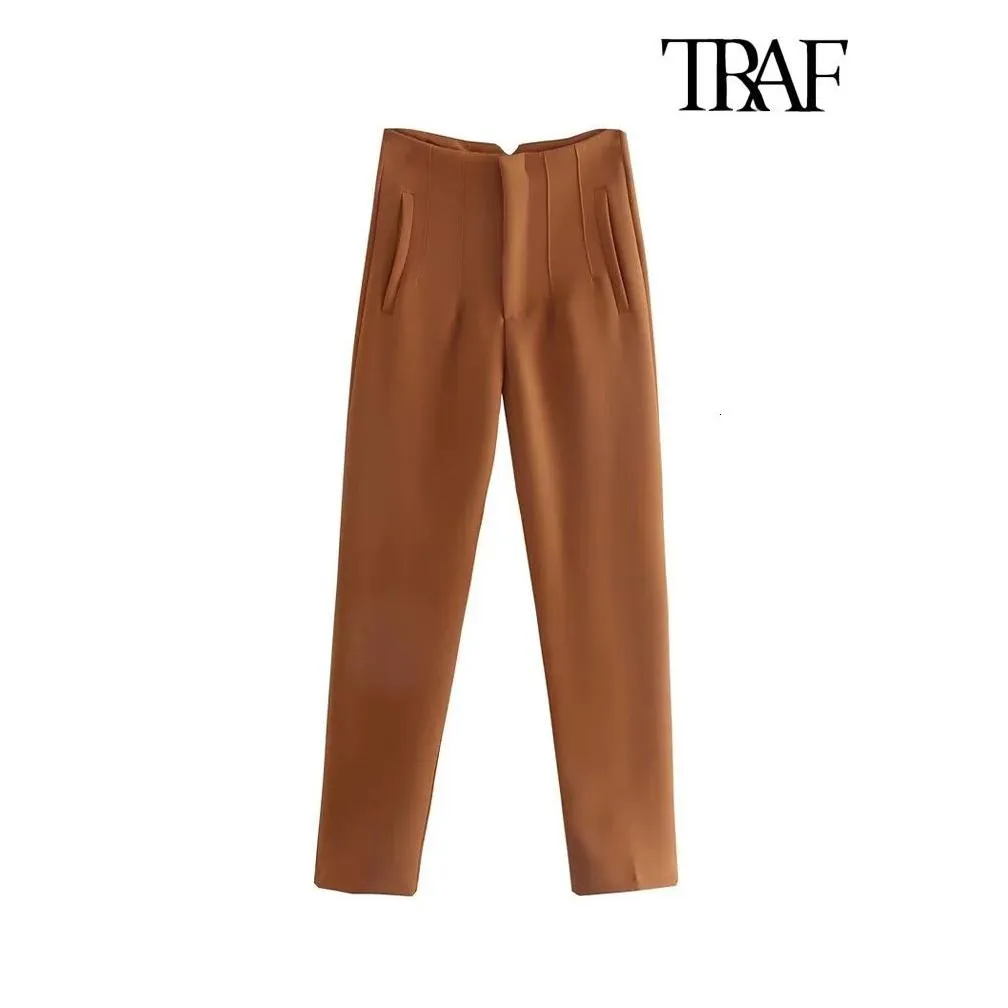Women`S Pants & Capris Women S Traf Fashion With Pockets Casual Basic Solid Vintage High Waist Zipper Fly Female Ankle Trousers Panta Dhkgt