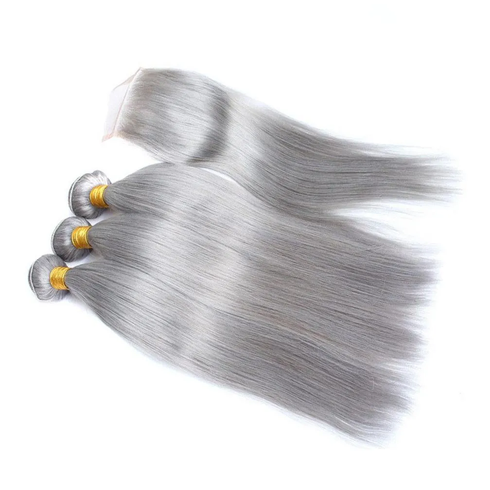 Wefts Brazilian Silver Gray Hair Bundles 3Pcs with 1Pc Closure 4Pcs Lot Straight Grey Colored Human Hair Weave Wefts with 4x4 Lace