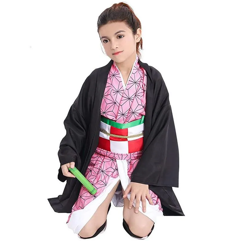 Cartoon Clothing Kamado Nezuko Cosplay Costume Demon Slayer Uniform Clothes Kimono Wig Props Set Halloween For Kids Adt Drop Delivery Dhr6C