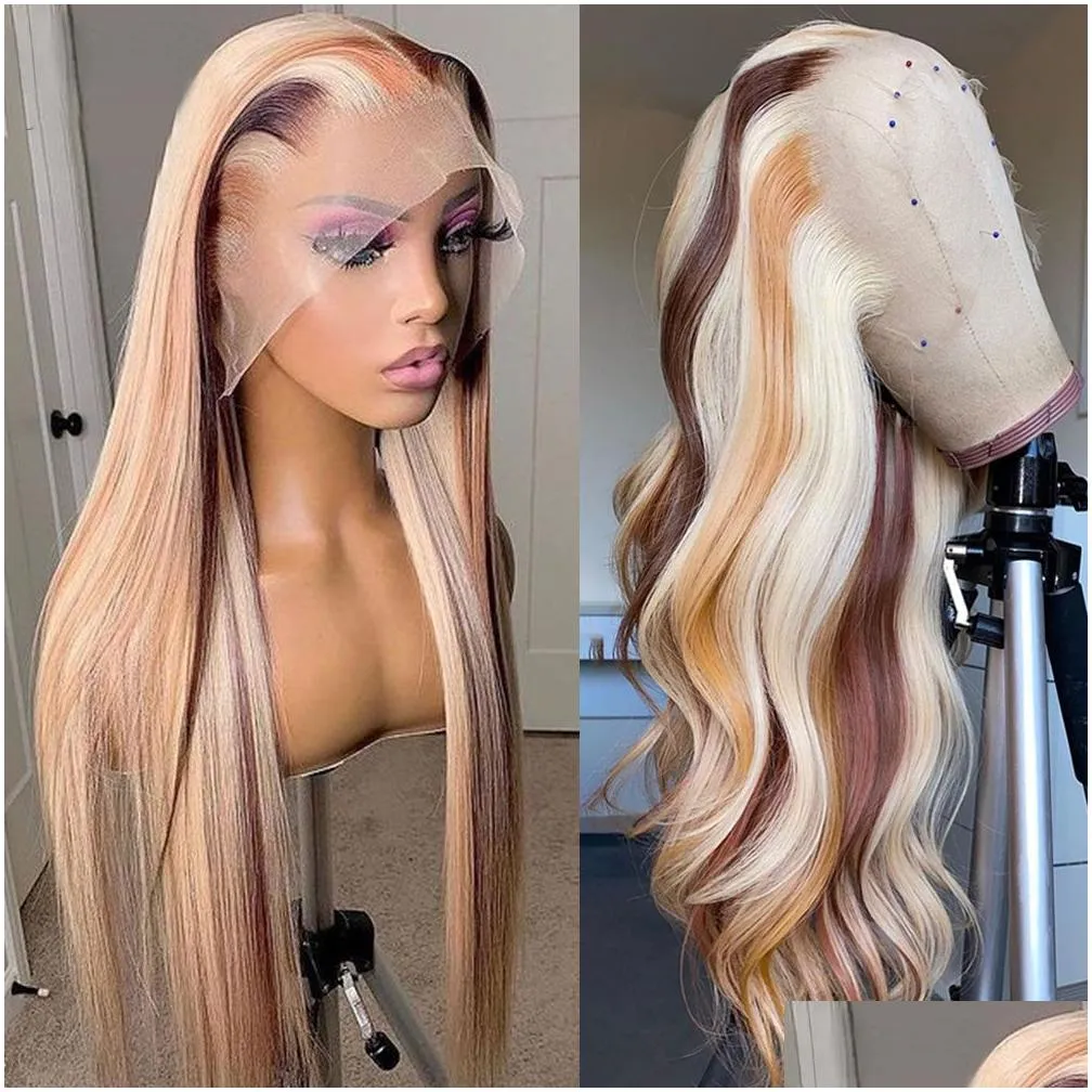 180 Density Brazilian Highlight Blonde Colored Simulation Human Hair Wig Body Wave Ombre HD Transparent Straight Lace Front Wigs For