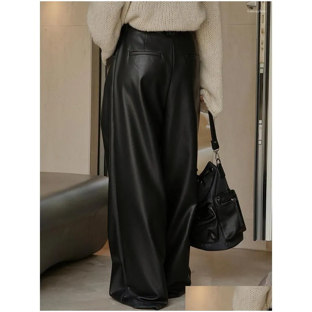 Women`s Pants LANMREM Fashion PU Leather Wide Leg Women High Waist Loose Black Long Trousers Streetwear 2023 Autumn Clothing 22548
