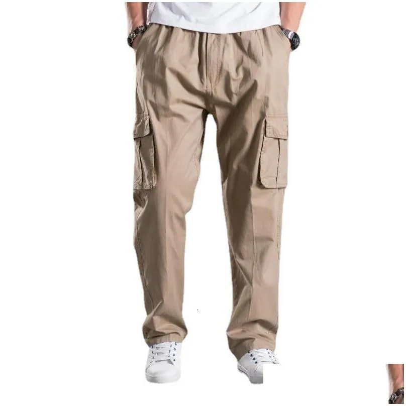 Men`S Pants Mens New Washable Casual With Mtiple Pockets And Fat Workwear Cotton Loose Large Elastic Waist Guy Drop Delivery Apparel Dhpui