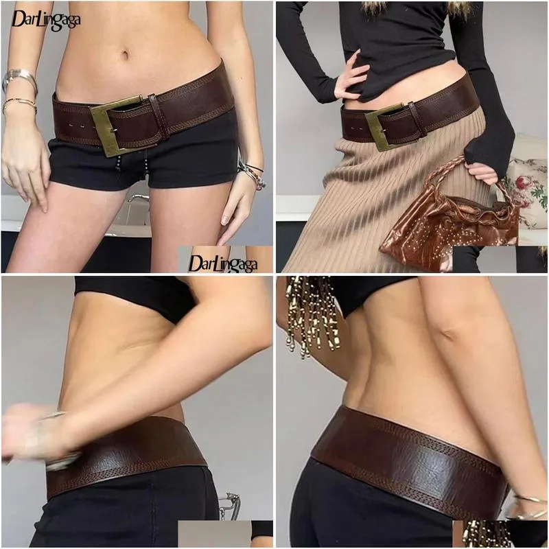 Belts Darlingaga Vintage Fashion Brown Metal Buckle Women Y2K Accessories Waistband Grunge Wide Belt Sashes Leather Outwear Chic Drop Dhmbr