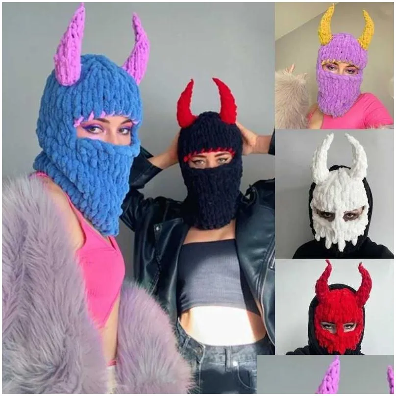 Cycling Caps Masks Halloween Funny Horns Knitted Hat Beanies Warm Full Face Cover Ski Mask Hat Windproof Balaclava Hat for Outdoor Sport