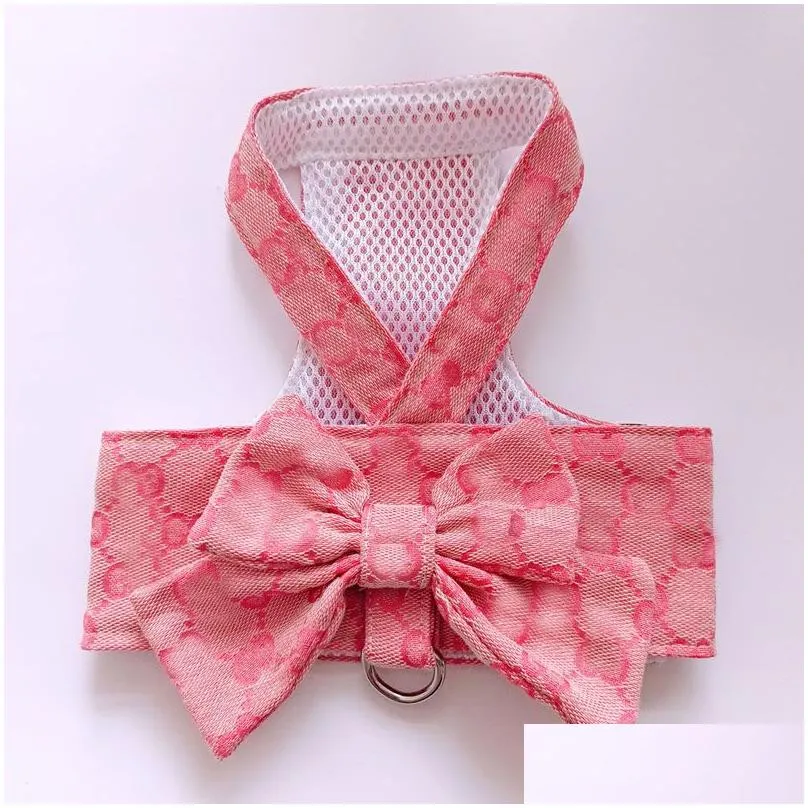 Designer Dog Harness with Bow Knot No Pull Pet Classic letter pattern Harness with D-Ring Soft Mesh Dog Dress Escape Proof Princess Puppy Harness for Small Dogs