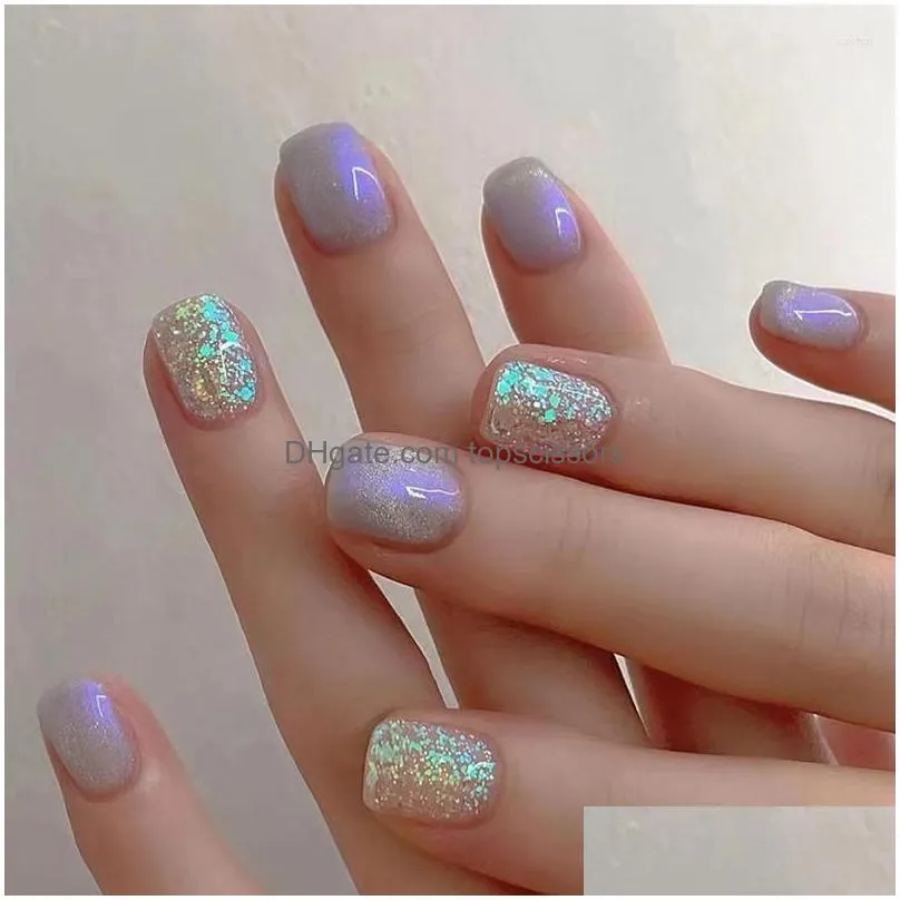 False Nails 24Pcs Square Gold Foil Glitter Crystal French Ballet Fake Fl Er Press On Nail Tips Wholesale Drop Delivery Dhmiw