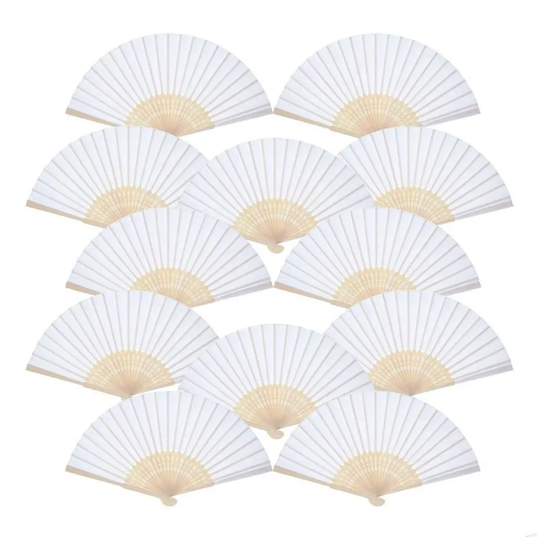 12 pack hand held fans party favor white paper fan bamboo folding fans handheld folded for church wedding gift