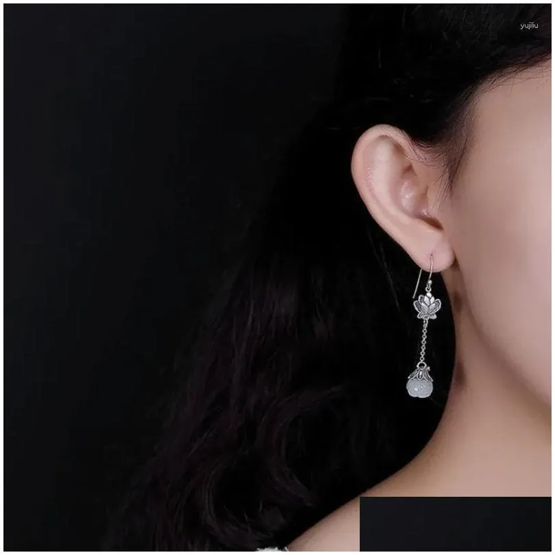Dangle Earrings Chinese Style Hetian Jade Lotus For Women Retro Temperament Exquisite Jewelry