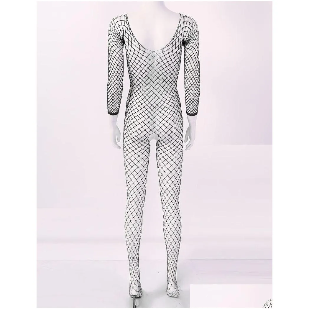 Womens Hollow Out Fishnet Bodysuit Lingerie Scoop Neck Long Sleeves Jumpsuit Crotchless Stretchy Full Body Stocking for Couple
