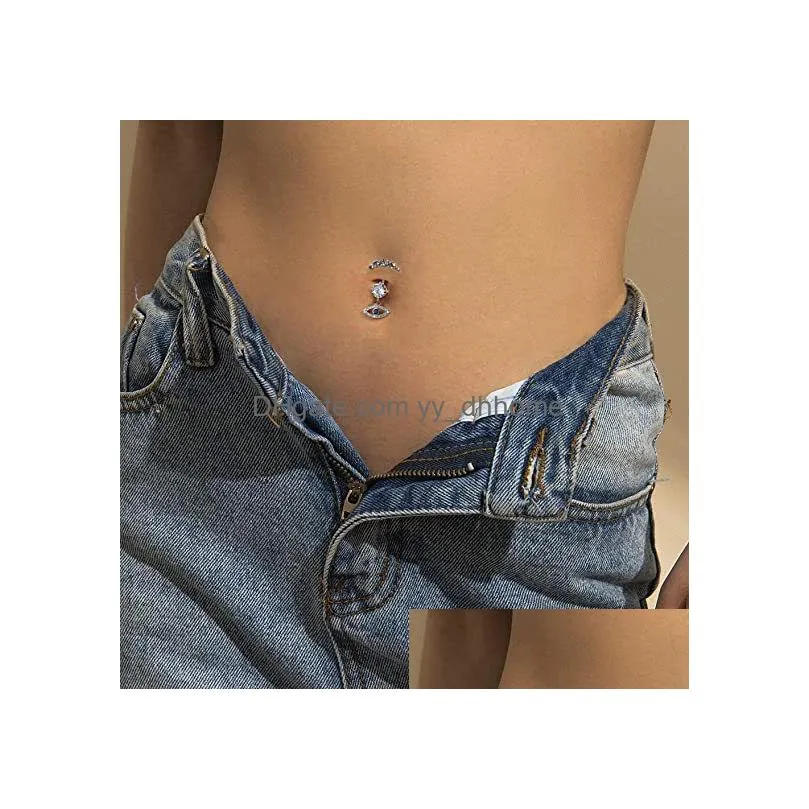 navel bell button rings piercing for women silver color dangling moon start pendant crystal surgical steel summer beach fashion body