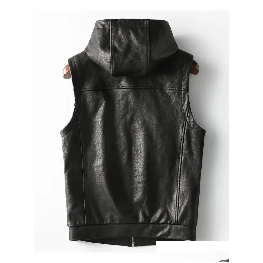 Men`S Trench Coats Men S Mauroicardi Spring Autumn Luxury Elegant Cool Black Pu Leather Vest For With Hood Zipper Sleeveless Jacket Cl Dhhsv