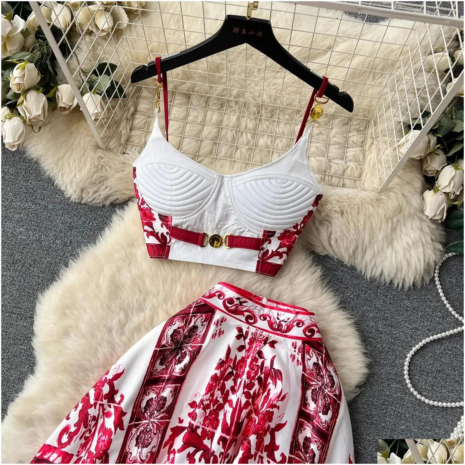 New Summer Beach Boho Holiday Vacation Women Two Piece Dress Sets Sexy Strapless Fashion Dots Print Short Chiffon Shirt And High Waist Mermaid Long Skirt Set