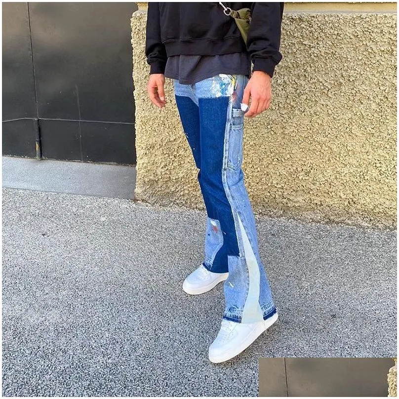 High Street Color Spliced Washed Jeans Mens Oversize Wide Leg Straight Denim Flare Pants Retro Loose Casual Trousers