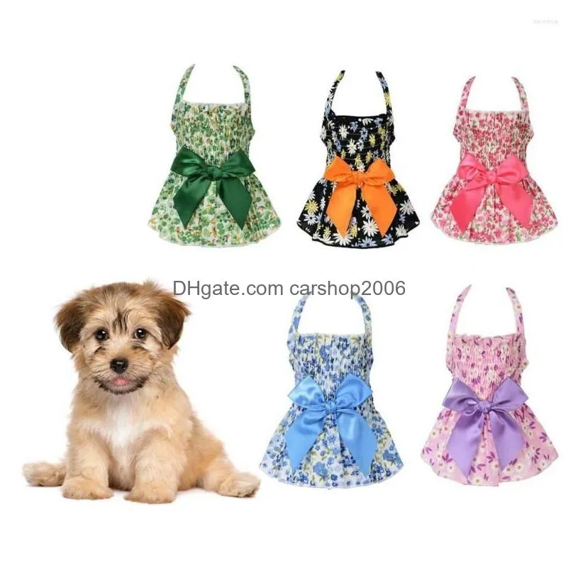 dog apparel pet halter dress comfortable soft eye-catching cotton flower print bowknot princess costume accessories