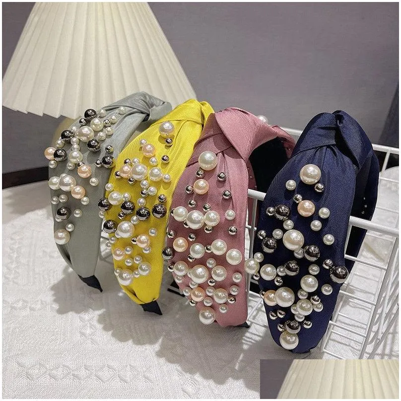 Fashion Pearl Hair Accessories Women Solid Color Fabric Knotted Headbands Size Pearl Hairband Boutique Girl Hair Hoop Headwear