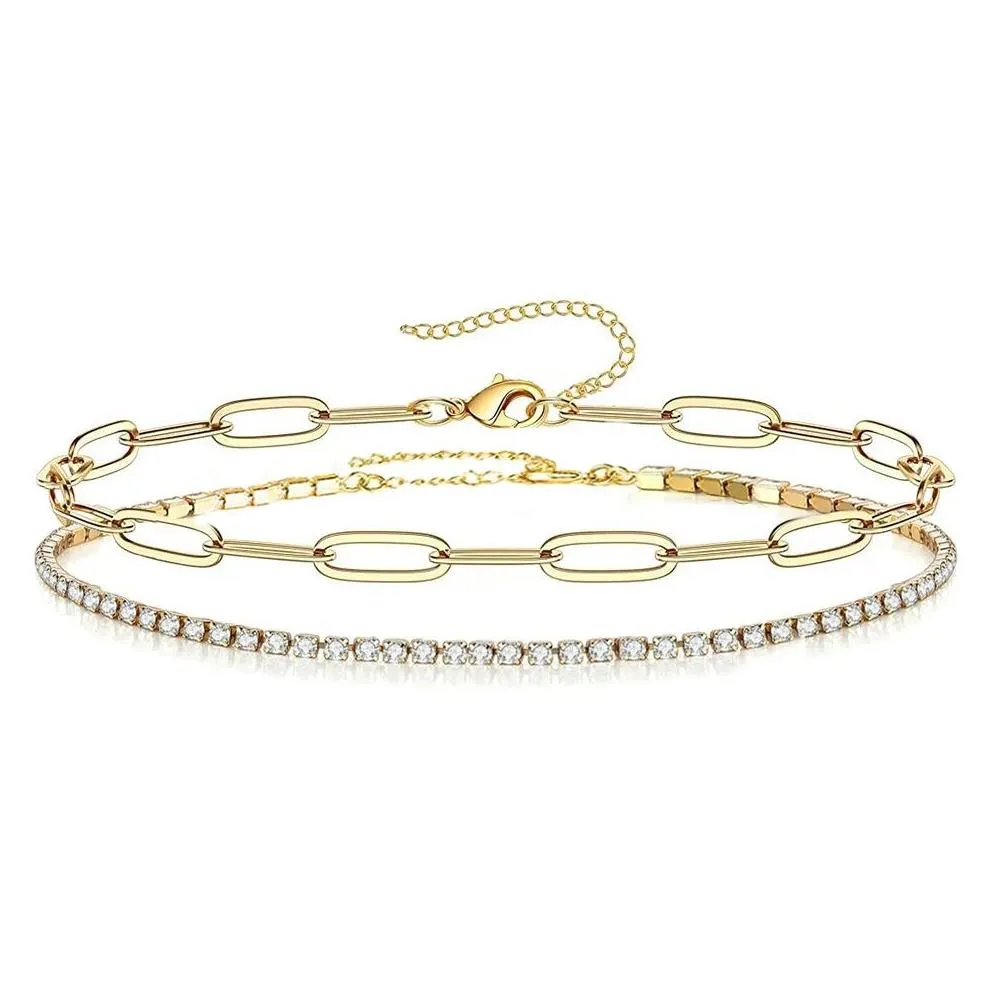 Dainty Gold Bracelets for Women,Golden Color 14k Yellow Gold Adjustable Layered Paperclip Tennis Chain Bracelet Cute Jewelry