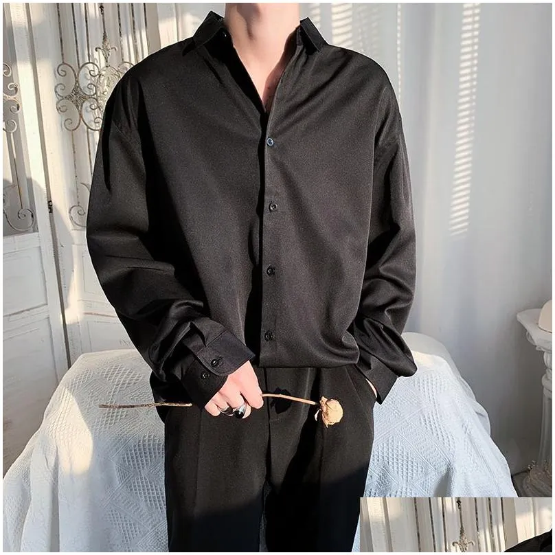 Men`S Casual Shirts Men S Shirt Long Sleeved Blouses Spring Autumn Korean Style Vintage Cardigan Top Solid Color Oversized Loose Male Dh3Lx