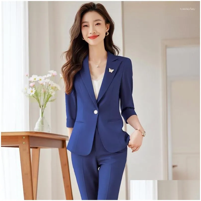 Women`s Two Piece Pants Slim-Fit Thin Suit Jacket For Women Spring/Summer 2023 Interview Formal Wear Business Small Overalls