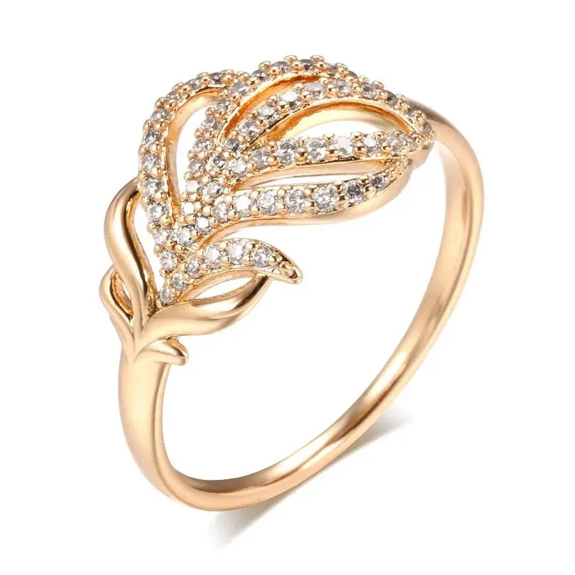 Cluster Rings Luxury Full Zircon Fashion Jewelry 585 Rose Gold Color Leaf Texture Women Finger Wedding Party Elegant Accessories