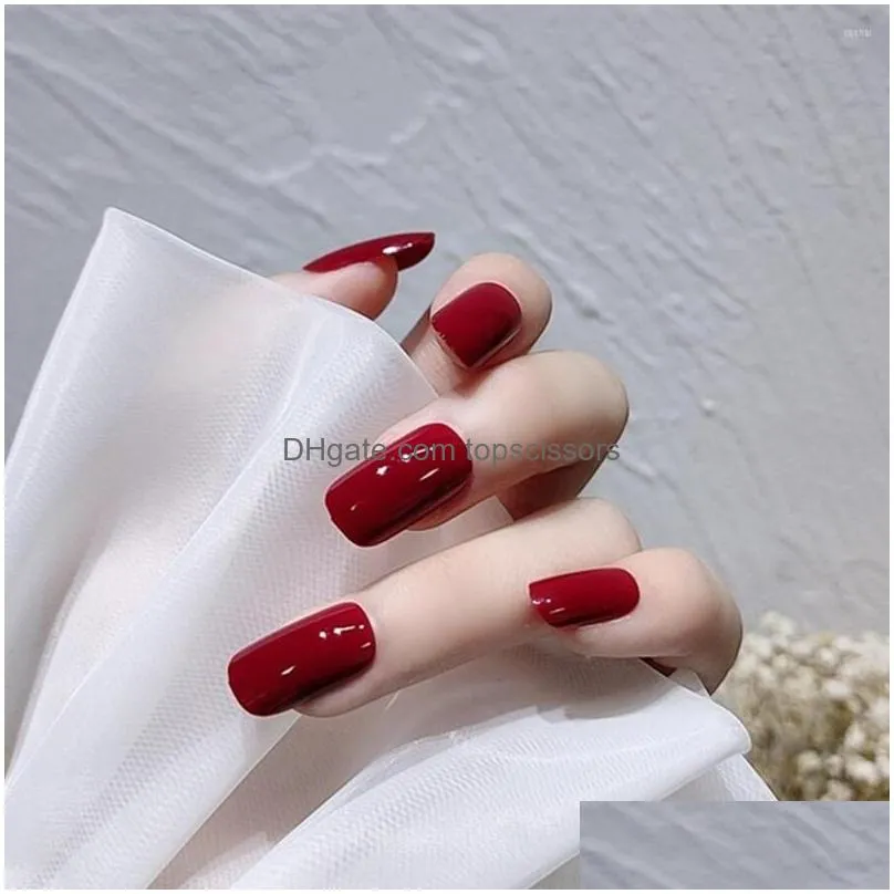 False Nails 24Pcs Red Solid Color Fake French Acrylic Fl Er Temperament Elegant Fingernail Sticker Drop Delivery Dh48Z