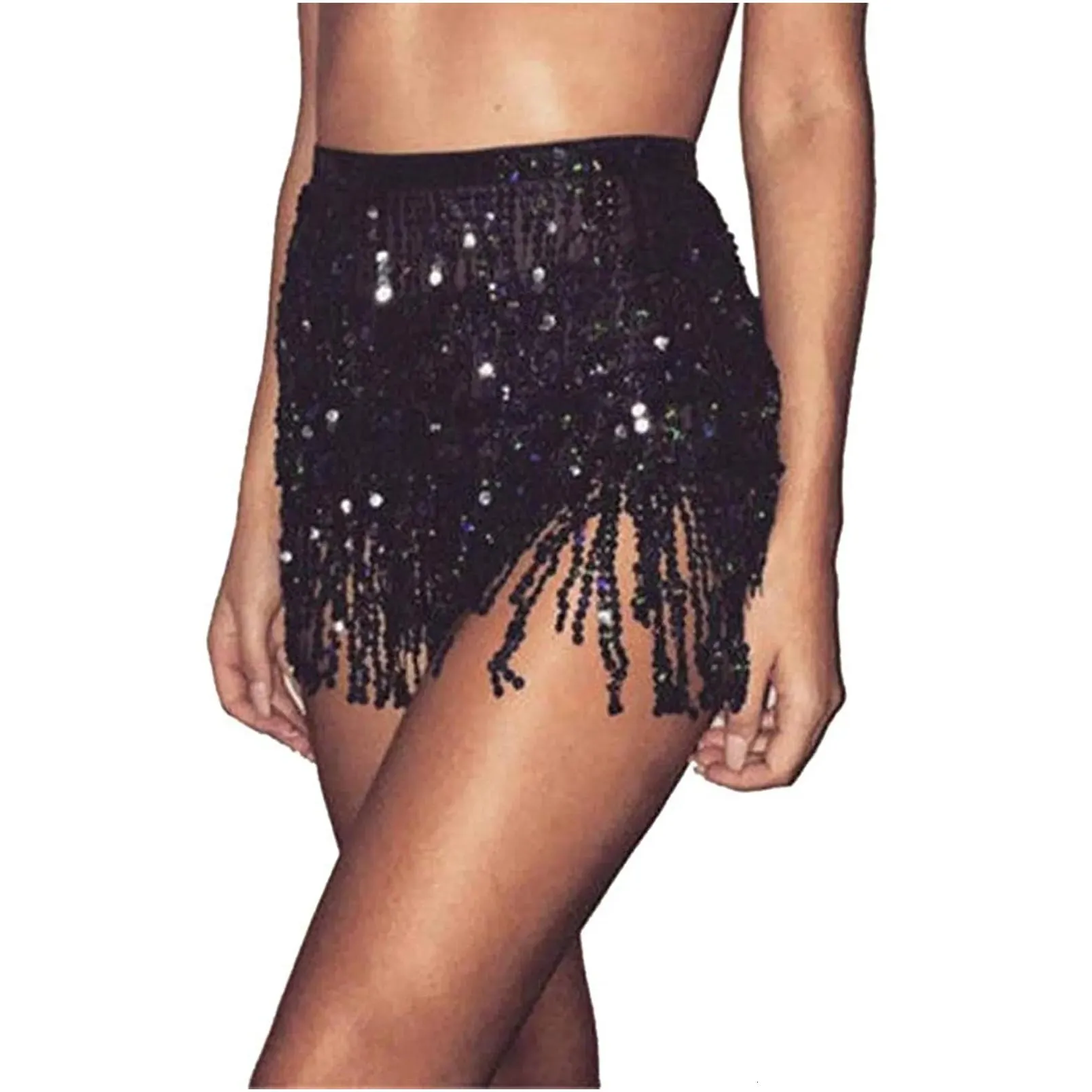 Skirts Itfab Summer Beach Bikini Mini Skirt Glitter Clothing Long Tassel Crystal Diamonds Adjustable Y 230112 Drop Delivery Dhjkv