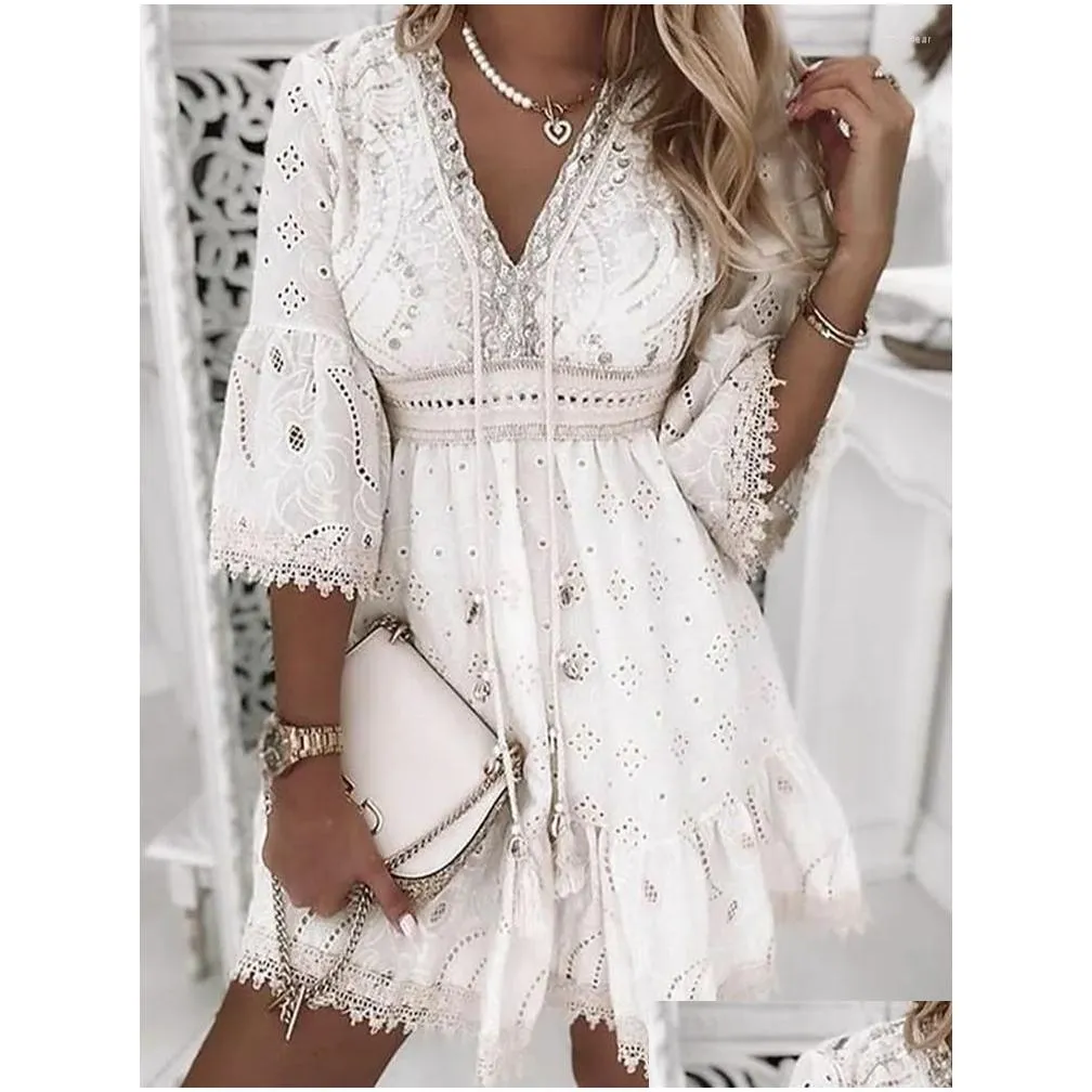 Casual Dresses White Lace Dress Women V Neck Up Female Patchwork Three Quarter Sleeve Vacation Beach Ladies A-line Party