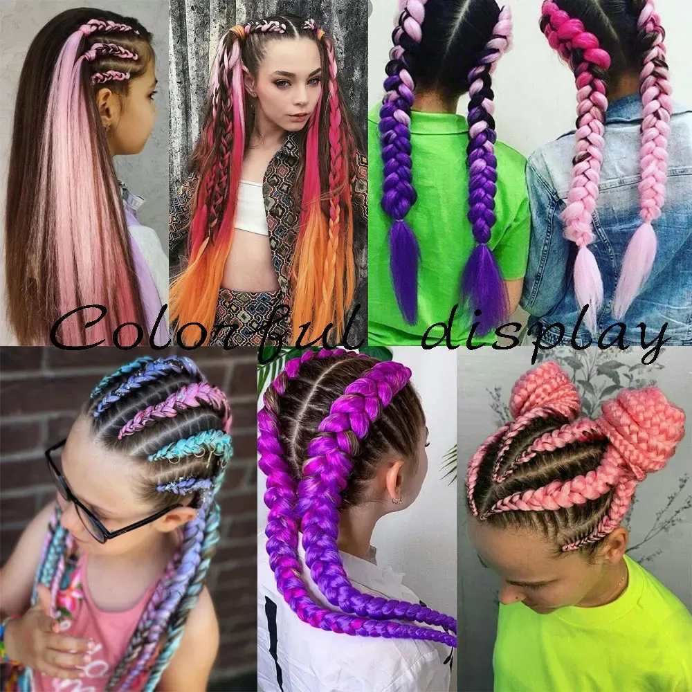 Jumbo Braiding Hair Rainbow Colors Extensions Fiber Mix Four Silky Colorful Braided Twist Hair Extensions Colored Synthetic Braids