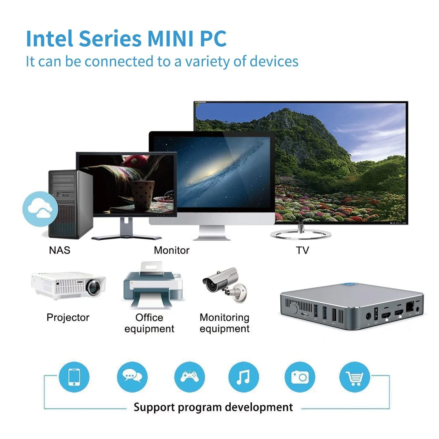 AK7 Mini PC Win10 Linux Intel Celeron N3550 4G RAM 64G ROM Dual WIFI 2.4G+5.8G RJ45 USB3.0 12V 2.5A