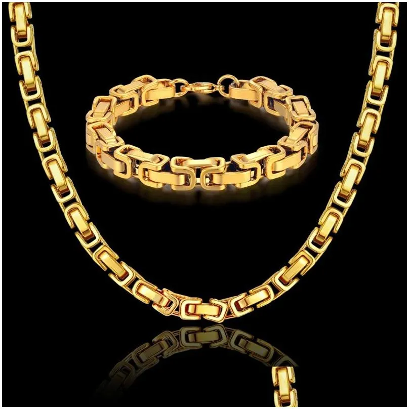 Hip Hop Byzantine Box Chain Set Golden Color Solid 14k Yellow Gold Jewelry Sets For Men/Women 2024 Hot Sale RU Necklace Bracelet