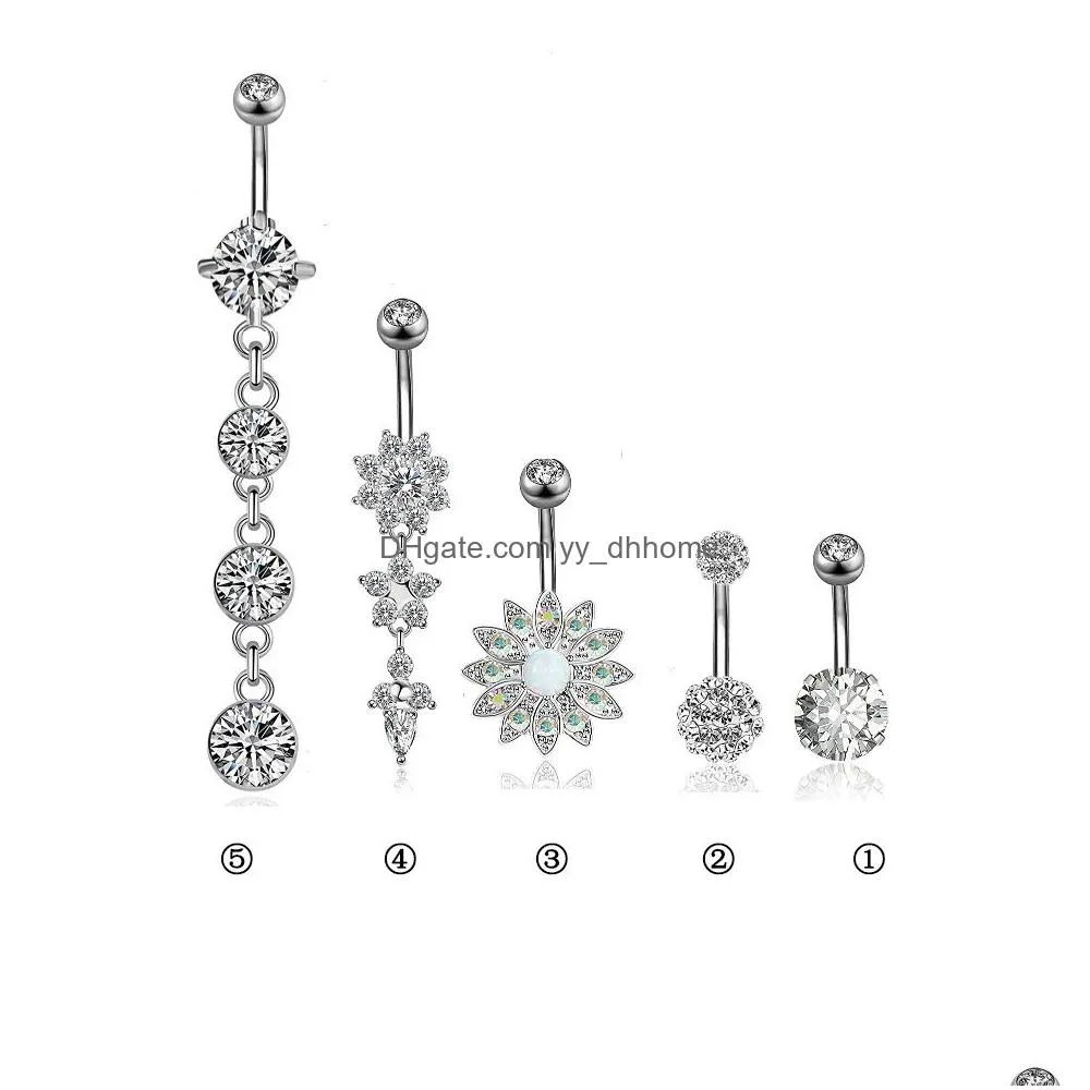 5pcs/set ball flower cute zircon crystal body jewelry stainless steel rhinestone navel bell button piercing rings for women gift