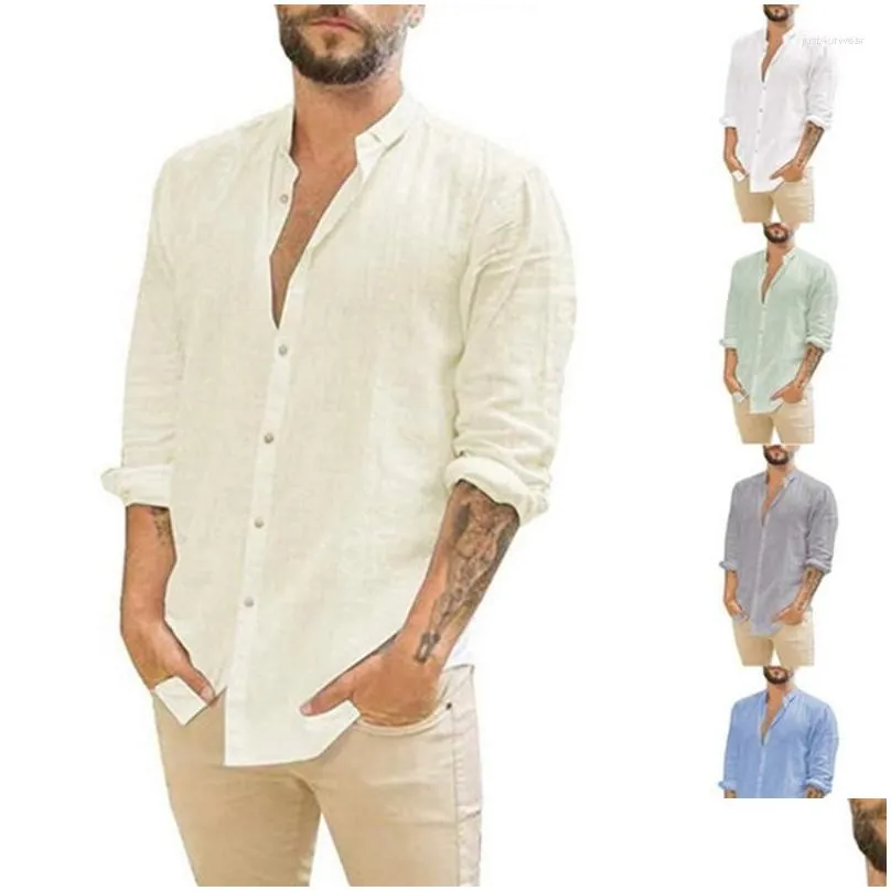 Men`S Casual Shirts Linen Shirt Men Long Sleeves Blouse Loose Tops Spring Summer Handsome Leisure White Blue Drop Delivery Apparel Cl Dh4Zc