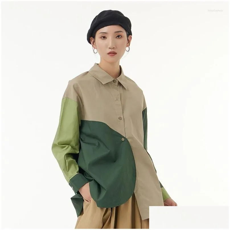 Women`s Blouses Colorblock Designer Shirt Women`s 2023 Spring Summer Fashion Loose Lapel Long Sleeve Single Breasted Trend Female Tops