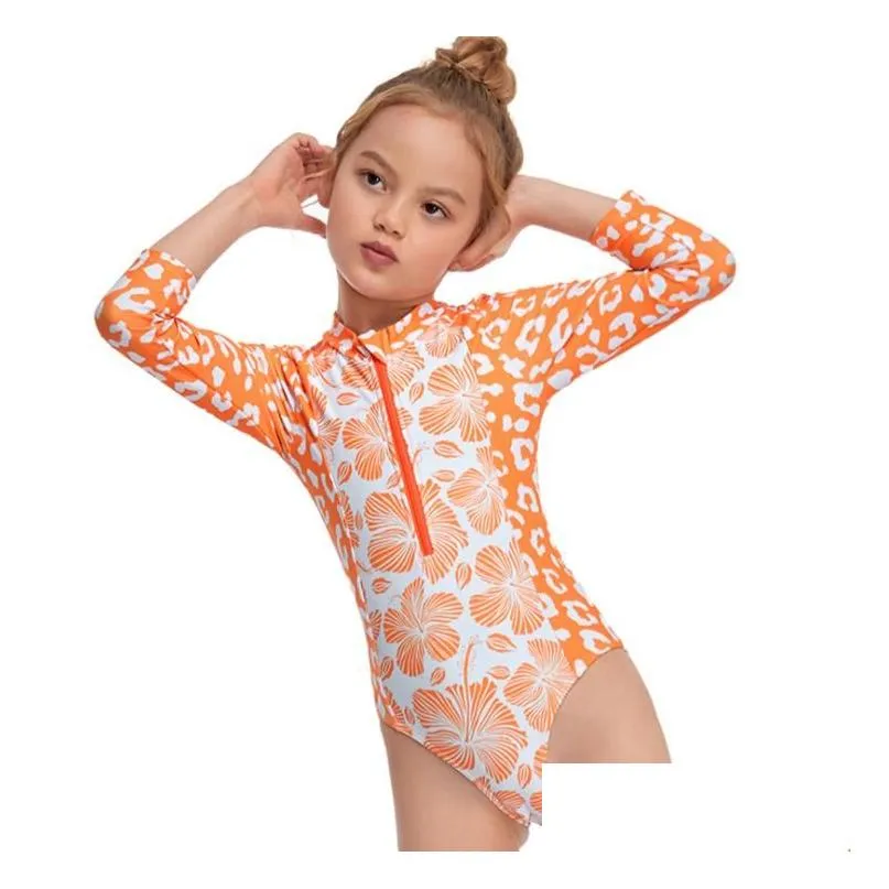 One Pieces Toddler Girls One-piece Swimsuit Infant Flower Leopard Print Long Sleeve Neck Front Zipper Swimwear Monikini Beachwear