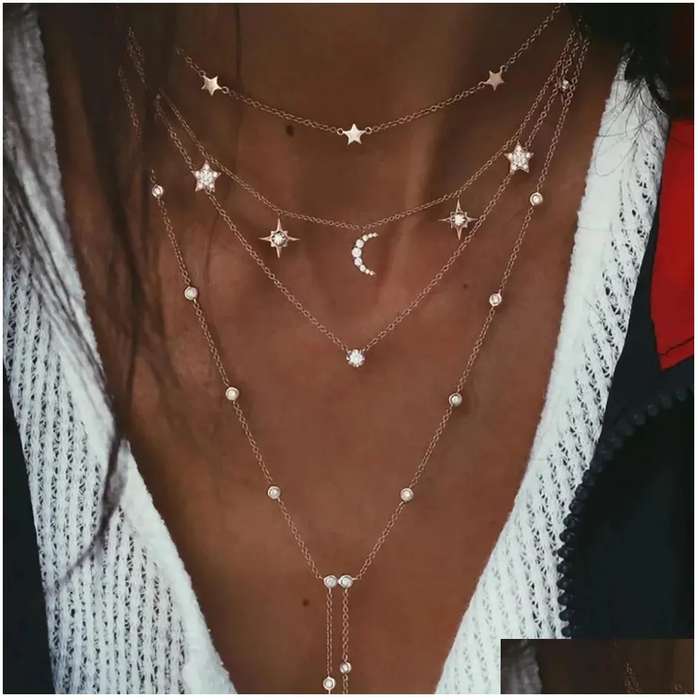 Chokers Vintage Crystal Geometry Star Moon Lock Necklace For Women Boho Mti Level Pendants Necklaces Jewelry Gift 231025 Drop Deliver Dhza2