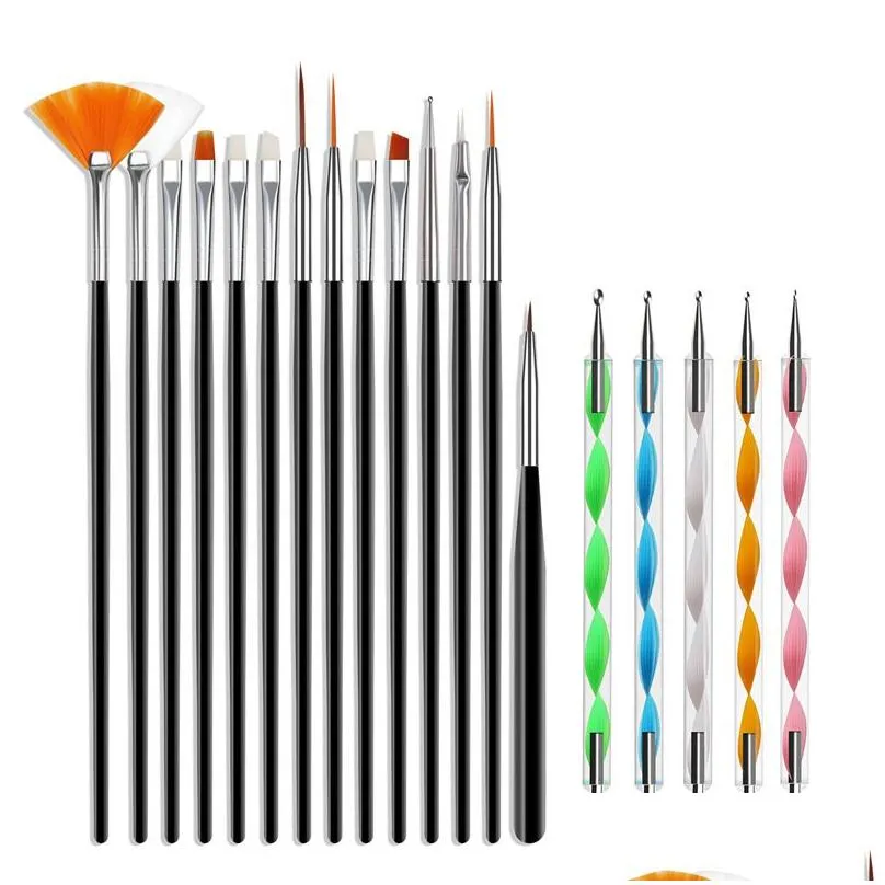 20pcs Nail Art Brushes Kit Gel Polish Styling Acrylic Brush Set NailArt Salon Painting Dotting Pen Tools Pink White Black