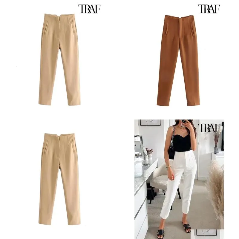 Women`S Pants & Capris Women S Traf Fashion With Pockets Casual Basic Solid Vintage High Waist Zipper Fly Female Ankle Trousers Panta Dhkgt