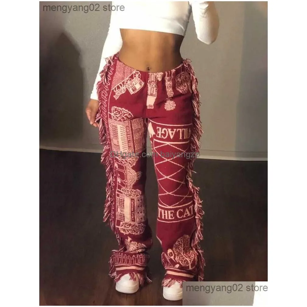 womens pants capris folk style high waisted jogger sweatpant for female aesthetic print side tassels fringe trouser casual workout running long pant