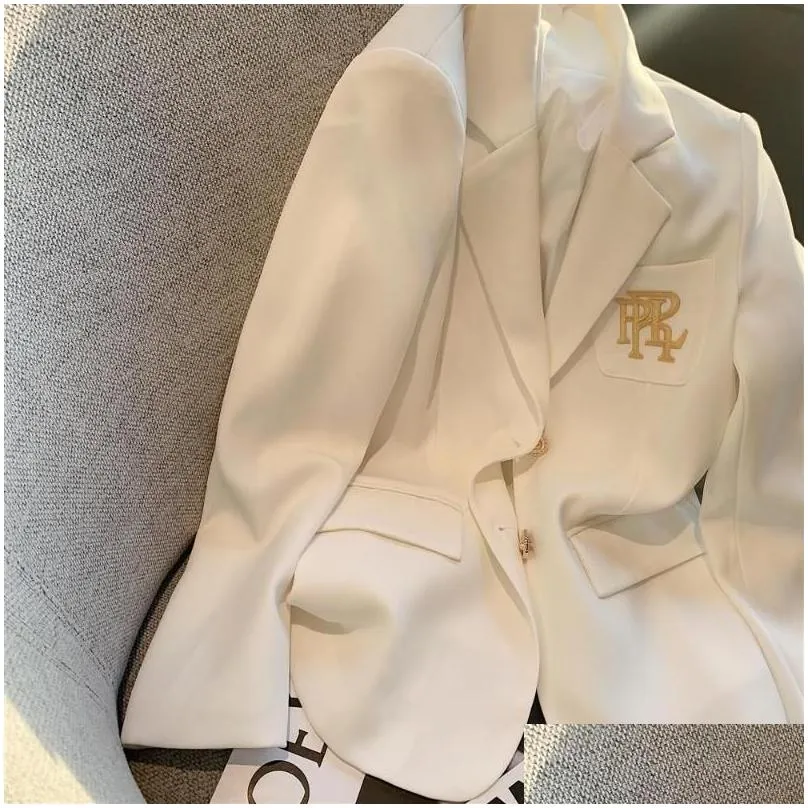 Women`s Suits & Blazers Letter Embroidery Suit Jacket White For Women Long Sleeve Oversized Coat Loose Blazer Office Ladies Black Tops