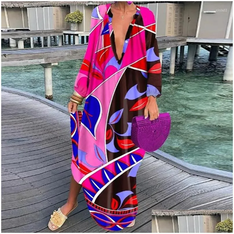 Casual Dresses Women Boho Print Loose Beach Elegant Retro Harajuku V-Neck Maxi Dress Sexy Long Sleeve Oversized